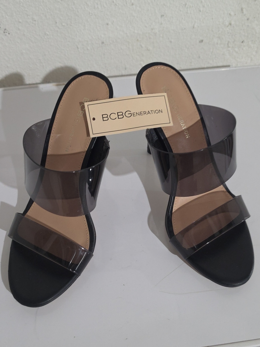 BCBGeneration Jordie Black Clear Double-Strap Slide Heels Sz 8.5
